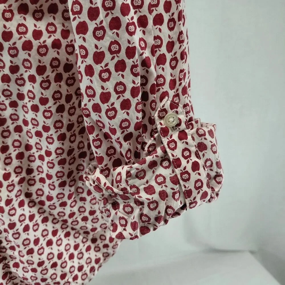 Talbots Apple Print Rolled LS Sleeve Button Down Blouse Red Size 16 - Picture 4 of 10